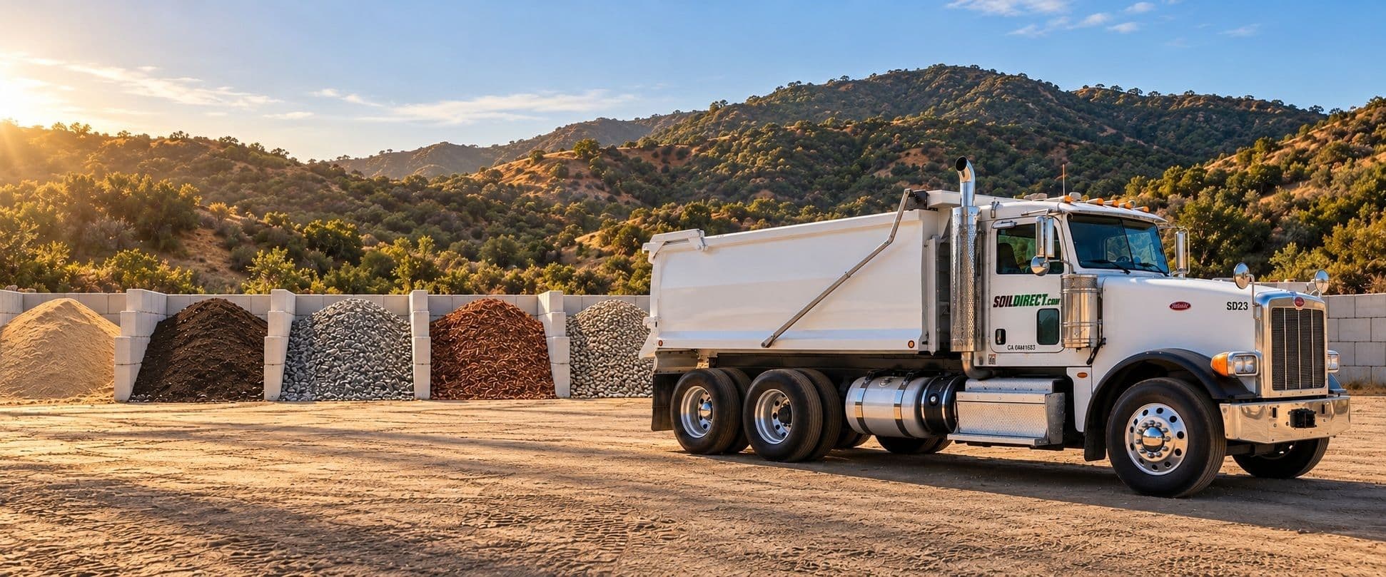 A white Soil Direct dump truck parked beside bins of sand, soil, gravel and mulch at a supply yard